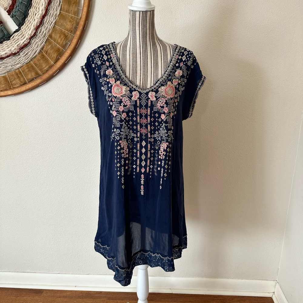 Johnny Was Embroidered Navy Floral Mini Dress Woman's Small